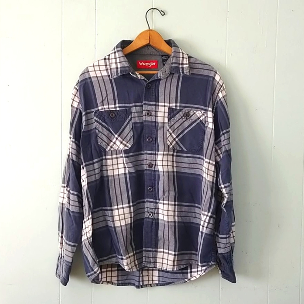 Flannel Plaid Shirt by Wrangler Blue Gray Large